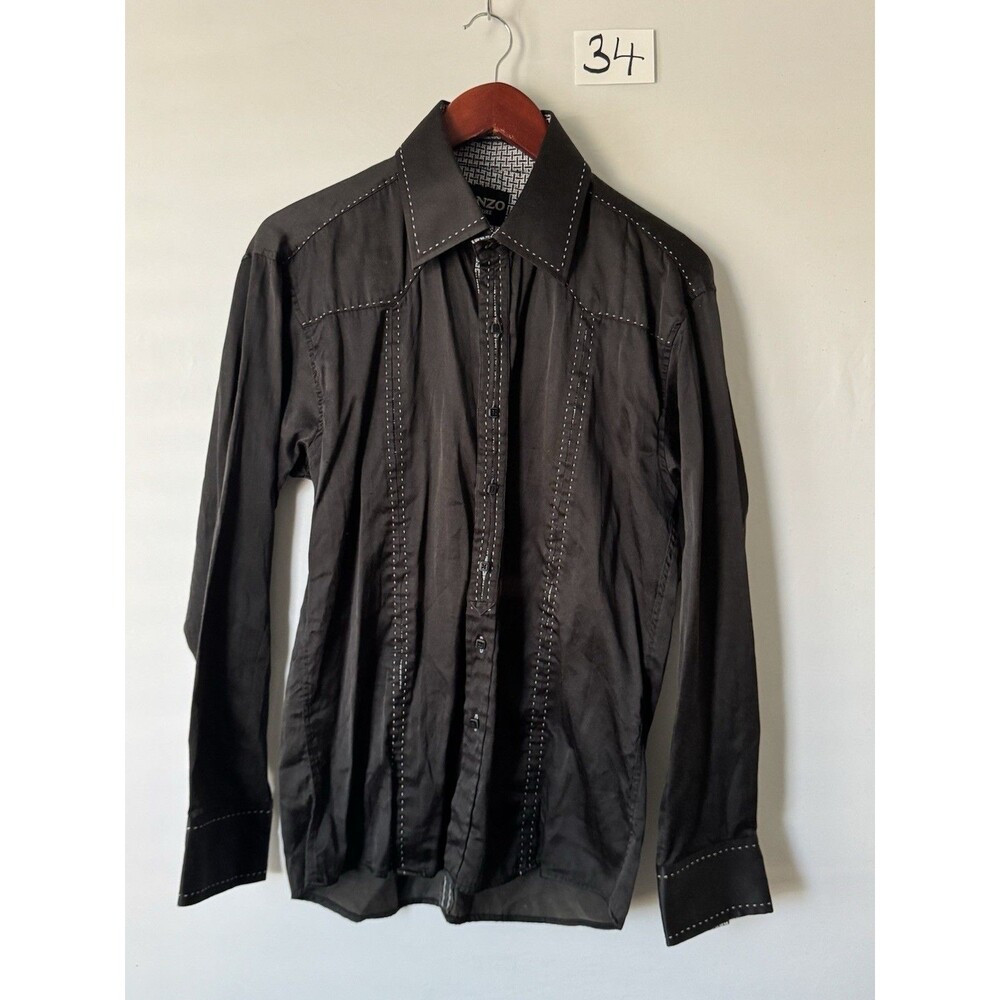 Lanzo Couture Mens L Black Button Up Shirt Contrast Stitch Long Sleeve